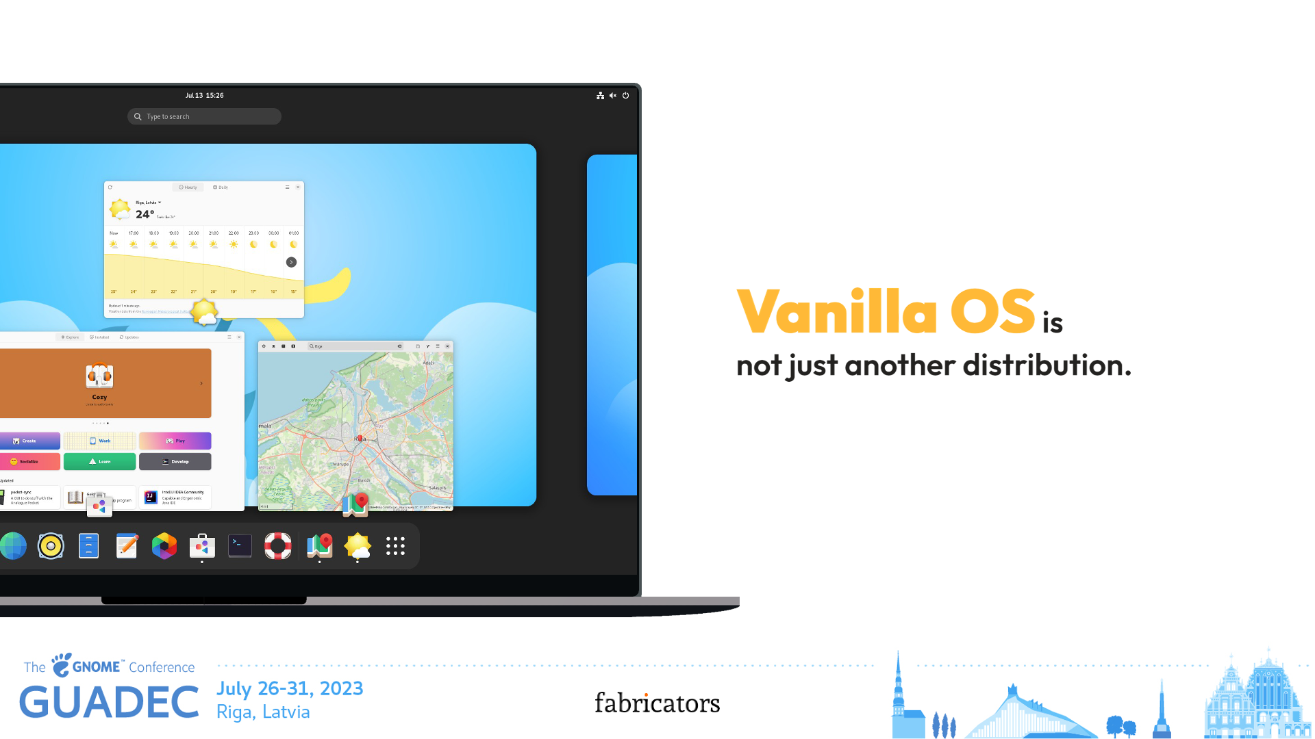 Slide di apertura del mio talk su Vanilla OS al GUADEC 2023