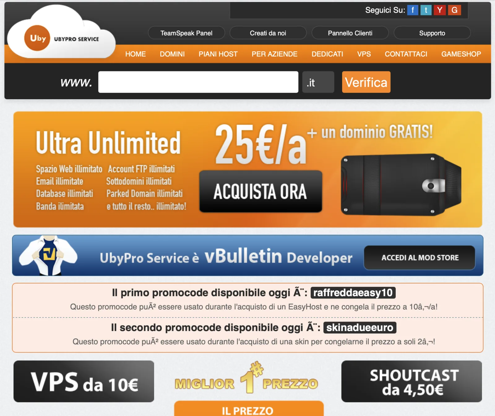 La homepage di UbyPro Service, il servizio di hosting e domini che gestivo da ragazzo con Mirko